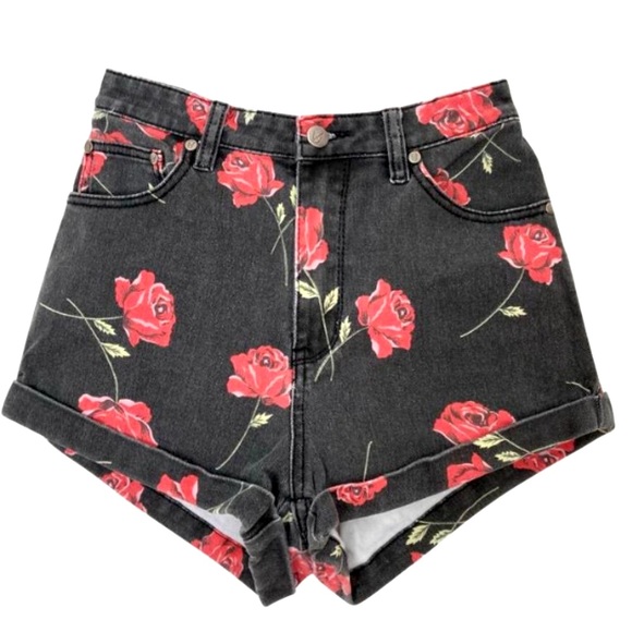 MINKPINK Pants - MinkPink Washed Black Wild Rose Floral Print High-Waist Denim Shorts Women's L